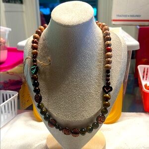 Tiger eye stone Beaded Necklace with Heart Accent